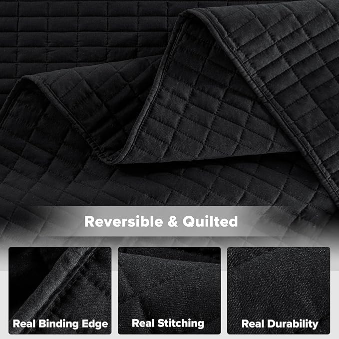 Comfort Spaces Kienna Quilt Set- Double Sided Stitching Design Summer Blanket, Lightweight, Soft, All Season Bedding Layer, Matching Sham, Black, Coverlet Full/Queen(90"x90") 3 Piece