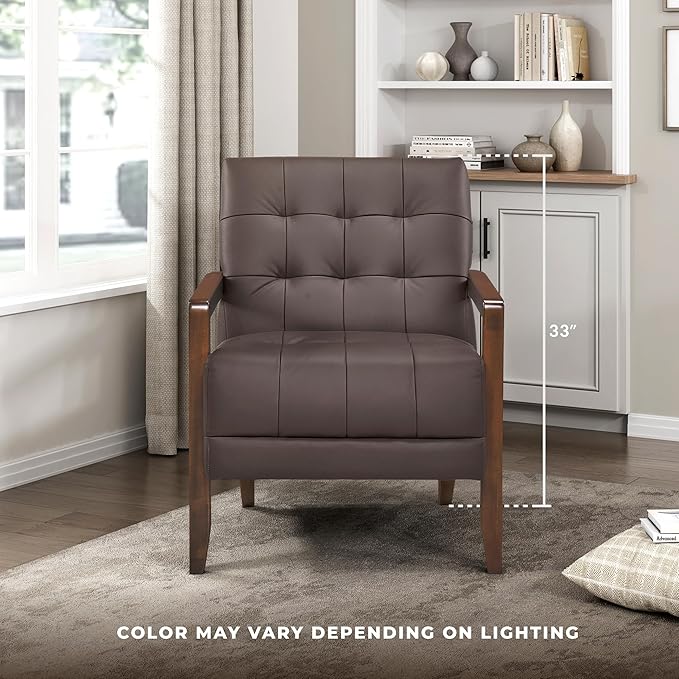 Lexicon Modern Accent Chair, Luxury Genuine Leather Match Living Room Chair with Tufted Cushions, Solid Wood Frame and Arm Rest, Comfy Upholstered Single Seat for Bedroom/Reading/Office, Dark Brown