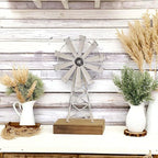 Rustic White Farmhouse Windmill Table Decor - Distressed Metal & Wood Windmill for Kitchen, Living Room, Office, or Shelf Decoration