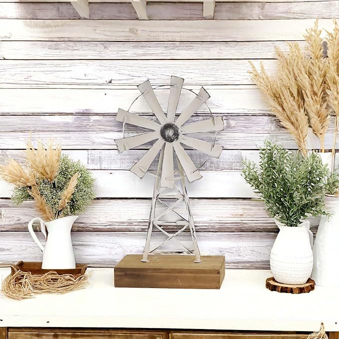 Rustic White Farmhouse Windmill Table Decor - Distressed Metal & Wood Windmill for Kitchen, Living Room, Office, or Shelf Decoration