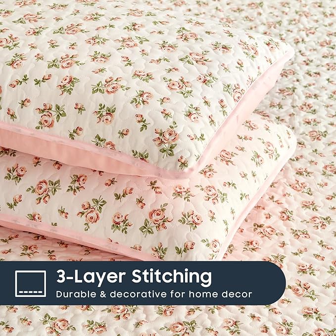 Wake In Cloud - Floral Quilt Set, Coquette Cottagecore Shabby Chic Flower Pattern for Women Teen Girls, Reversible Lightweight Bedspread Coverlet, 3 Pieces, Peach Blush, Twin/Twin XL Size