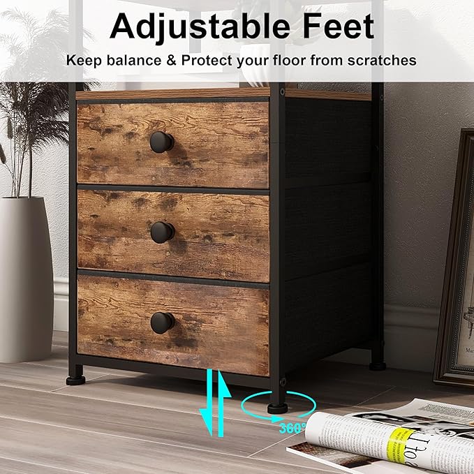 Tohomeor Nightstand with Charging Station USB Outlet and LED Light End Table Dresser with 3 Fabric Drawers and Storage Shelf for Bedroom Living Room Sofa Beside (1, Brown)