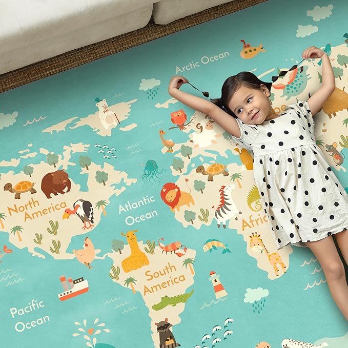 Large 8x10 Playroom Rugs - Kids Play Rug for Classroom Elementary, Bedroom, Living Room, Washable Soft Cute World Map Carpet with Ocean, Continents & Animals