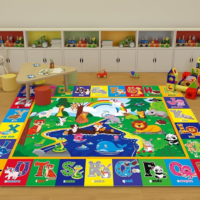ABC Kids Rug 9'8" x 6'5", Kids Rugs for Playroom Classroom Carpet with Anti-Slip Back, Educational Preschool Rugs with ABC Animals, Extra Large Thick (9'8" x 6'5", Style 7)