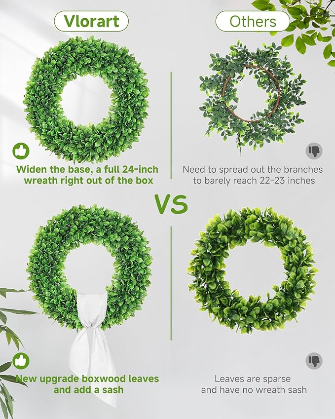 Vlorart 24 Inch Faux Round Boxwood Wreath, Weatherproof Front Door Large Wreaths Artificial Spring Summer Greenery Wreath with Sash for Farmhouse Wedding Year Round Indoor and Outdoor