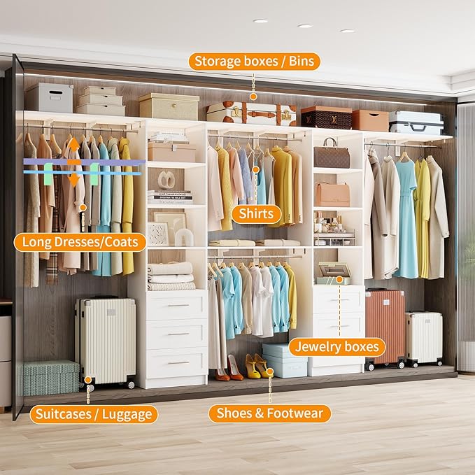 Closet System with Drawers, 8FT-12FT Closet Organizer System 96" -154.5" Walk in Wood Closet Storage System with Shelves Hanging Rods Corner Wall Mount, 2 Set