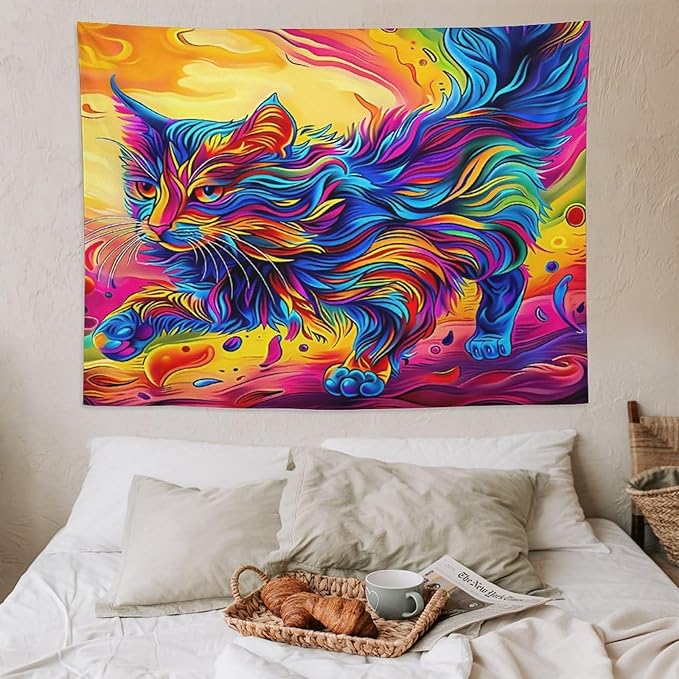 VUMIVI Colorful Cat Tapestry Pet Oil Painting Print Rainbow Colorful Abstract Art Pattern Tapestry Wall Hanging for Living Room Bedroom Dorm Classroom Aesthetic Decor W80xL60in
