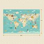 Washable Large Kids Room Rug with Animal – 6x9 Educational World Map Play Mat for Bedroom – Non-Slip, Stain Resistant, Soft & Safe for Baby, Playroom Essentials - Blue Ocean