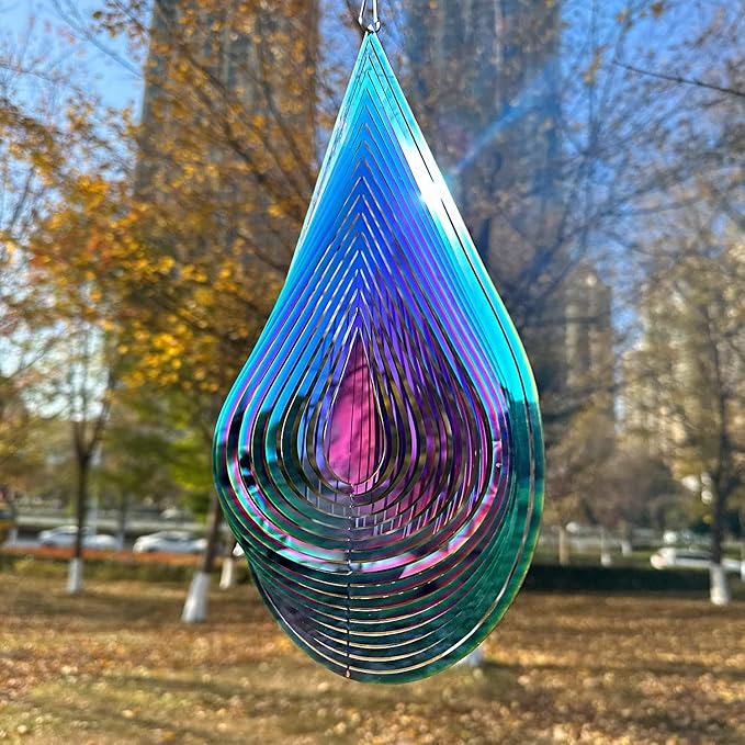 Wind Spinner Outdoor Metal 3D Wind Spinner Hanging Yard Garden Decor Gifts Stainless Steel Water Drop-Shaped Spinners with 360° Rotating Hook