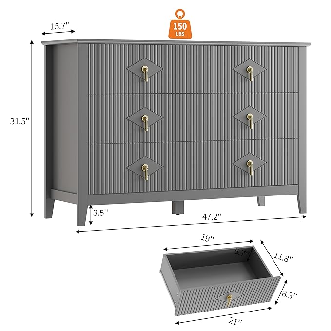 GarveeHome Fluted Dresser for Bedroom, 47.2 Inch Wide 6-Drawer Wood Dresser, Modern Chest of Drawers, Storage Organizer Cabinet for Living Room, Hallway, Entryway, Grey