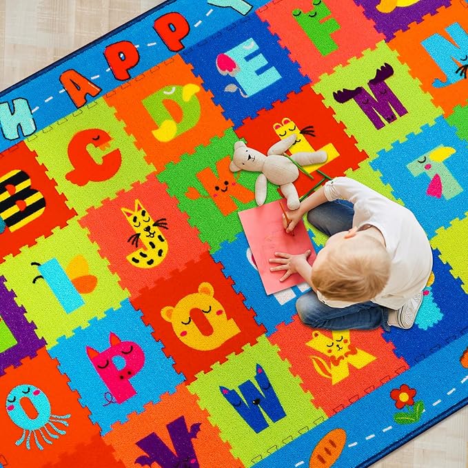 ABC Kids Rug, Kids Carpet for Playroom, Classroom Carpet with Anti-Slip Back, Educational Preschool Rugs with ABC, Numbers, Animals Colors, Shapes, Extra Large Thick (59'' x 39.4", Style 8)