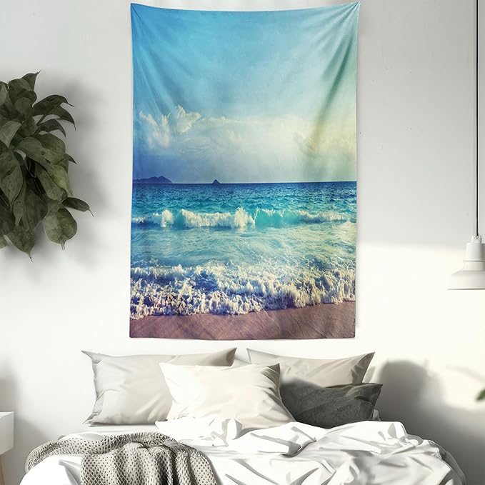 Ambesonne Tropical Island Tapestry, Ocean Waves on Seychelles Beach at the Sunset Time Skyline, Fabric Wall Hanging Decor for Bedroom Living Room Dorm, 30" X 45", Turquoise Sky Blue Umber