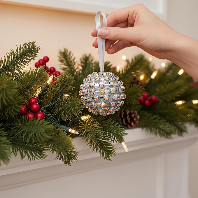 Iridescent Crystal Rhinestone Ball Ornaments, 4 Pack Handcrafted Sparkling Christmas Tree Decorations, Hanging Ornaments for Holiday & Home Décor in Luxury Gift Box