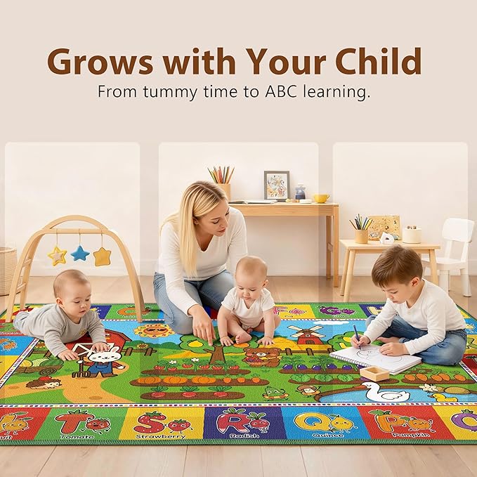 Upgrade Ultra Non Slip Kids ABC Rug for Kids Playroom, 5x8 Washable Alphabet Educational Learning Play Mat for Toddlers Baby Boys Girls, Colorful Farm Carpet for Nursery, Classroom & Bedroom, 60"x96"