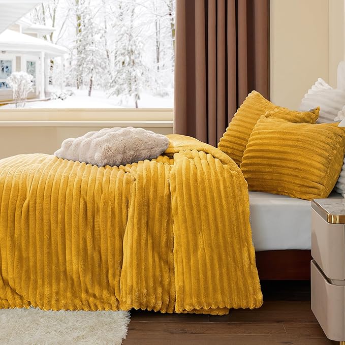 BEDELITE Fleece King Comforter Set -Super Soft & Warm Fluffy Mustard Yellow Bedding, Luxury Fuzzy Heavy Bed Set for Winter with 2 Pillow Cases