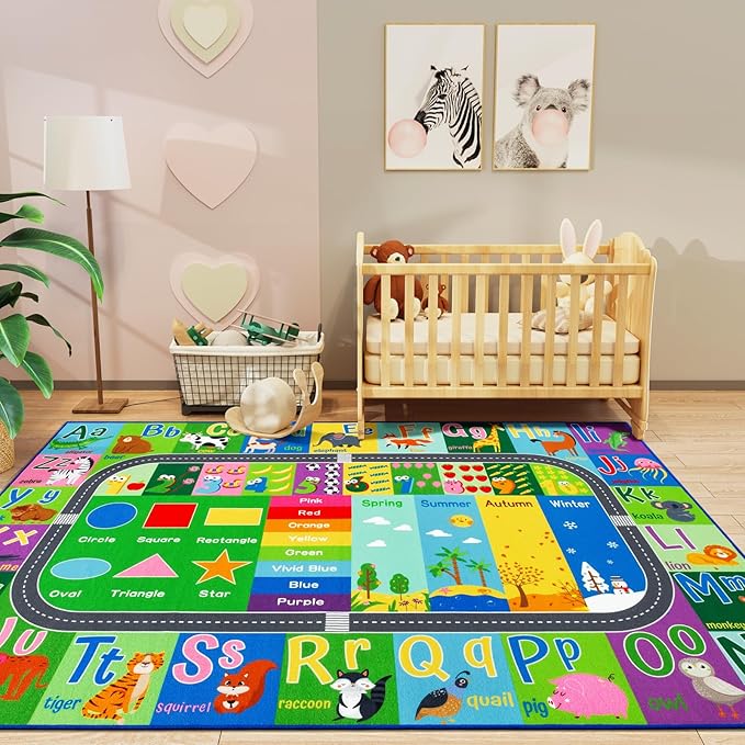 HOMORE Kids Educational Rug, Kids Collection Area Rug for Learning Alphabet, Numbers, Colors, Season and Animal Words, Playmat for Classroom Playroom, 4x6 Feet Green