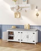 Shoe Storage Bench, 2 Tier Shoe Bench with Padded Seat Cushion & 4 Barn Doors, Entryway Bench with Adjustable Shelf, Farmhouse Shoe Cabinet for Living Room, Bedroom, White SB31203GY