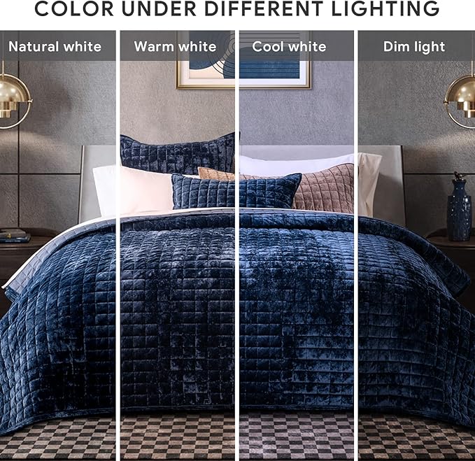 RECYCO Luxury Velvet Quilt Set Twin/Twin XL Size, Lightweight Velvet Comforter Set, Oversized Bedspread Coverlet Quilted Bedding Set, with 1 Matching Pillow Sham, for All Season, Navy Blue