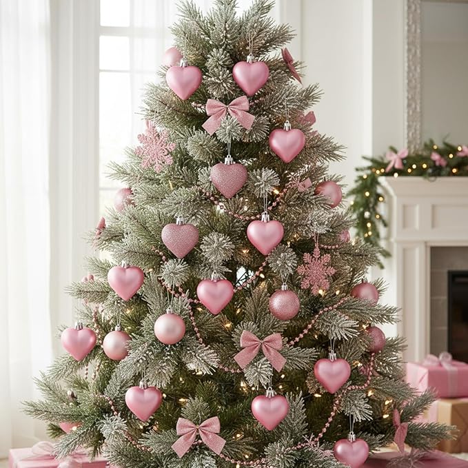 Skylety 30 Pieces Valentine's Day Heart Ornaments, Heart Shaped Decorations Tree Hanging Baubles for Valentine Wedding Anniversary, 3 Styles 2 Size (Pink)