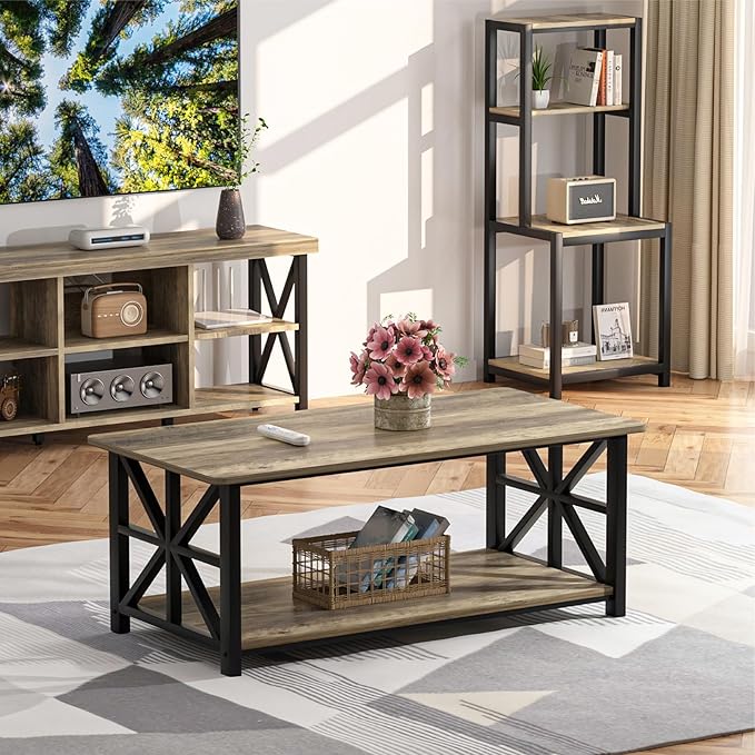 GreenForest Coffee Table for Living Room with Round Corners Farmhouse Style Center Table with Storage Shelf 39 Inch Space Saving Easy Assembly Gray Wash | for Living Room, Farmhouse Style, Space Saving, Easy Assembly