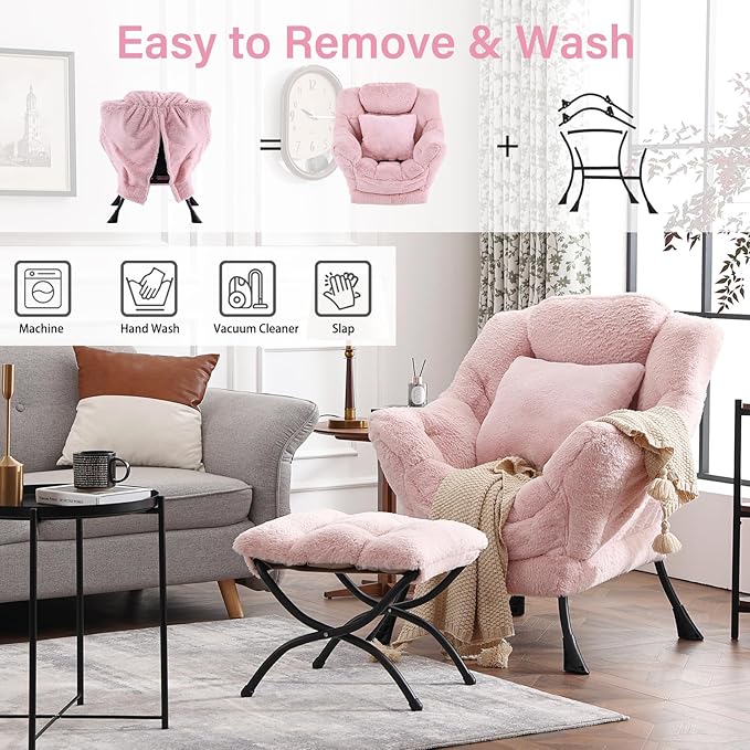 Lazy Chair with Ottoman, Large Pink Lounge Accent Chair with Ottoman and FA Throw Pillow, Comfy Plush Reading Chair for Living Room Bedroom Dorm Room Office Apartment Relaxing Use