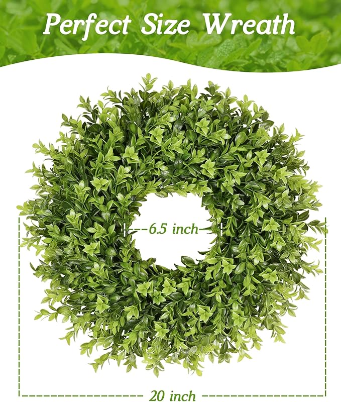 Vlorart 20 Inch Boxwood Wreaths for Front Door，Artificial Spring Wreath for Wall Farmhouse Wedding Front Porch Green Wreaths Year Round Indoor Outdoor for Summer Christmas Wreath Home Decorations