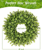 Vlorart 20 Inch Boxwood Wreaths for Front Door，Artificial Spring Wreath for Wall Farmhouse Wedding Front Porch Green Wreaths Year Round Indoor Outdoor for Summer Christmas Wreath Home Decorations