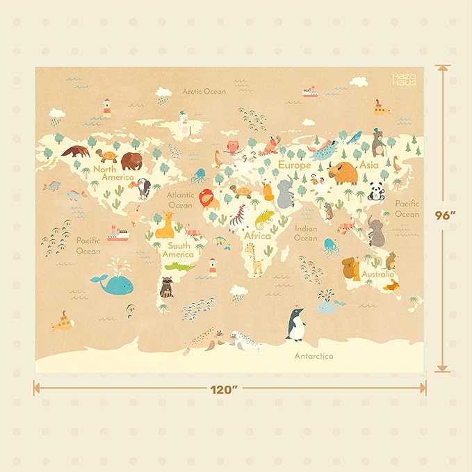 Large Kids Area Rugs with Animal - 8x10 Beige Rug for Kids Room, Classroom, Bedroom, Living Room, Washable Wipeable Ultra Soft Crawling World Map Carpet with Ocean, Continents & Cute Animals