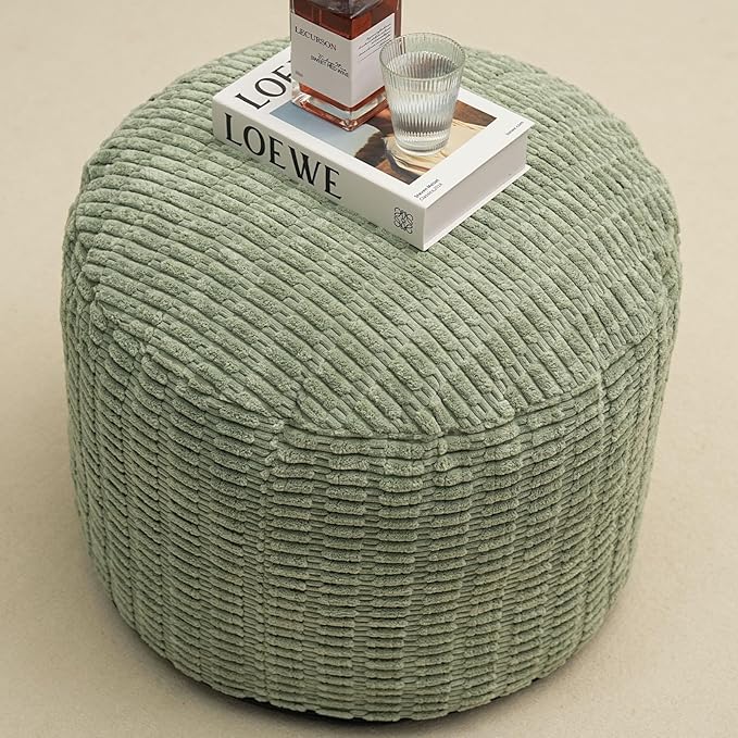 Round Stuffed Pouf Ottoman for Foot Rest, Storage Ottoman Pouf Foot Stool Cushion, Faux Fur Poufs with Foam Chunk Filling, 26 X 18 Inch Floor Chair for Living Room Bedroom Home Decor, Green