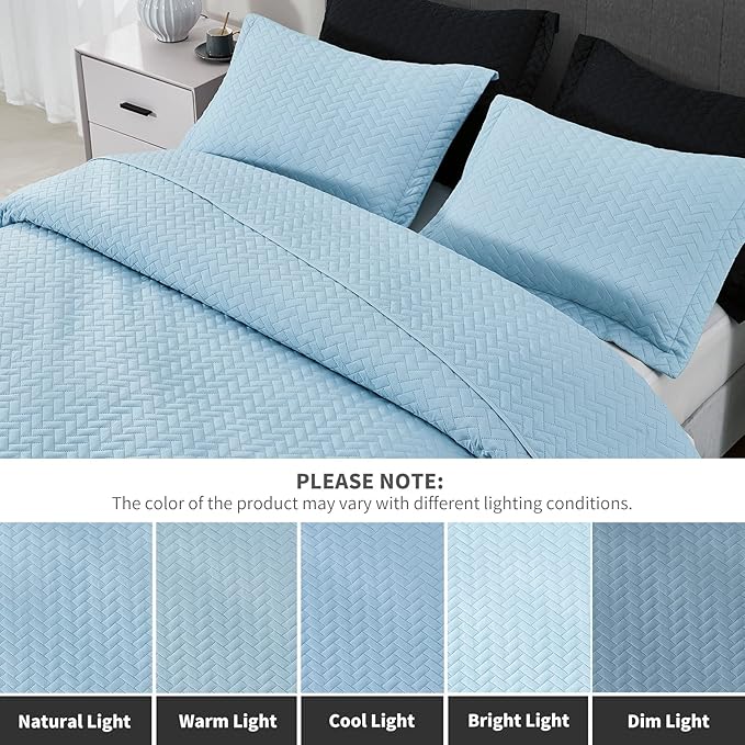 Maple&Stone Quilt Set King Size, Lightweight Light Blue Bedspread Ultrasonic Chevron Pattern Light Coverlet for All Season Comforter Bedding Decor - 3 Piece King Bed Cover Sets