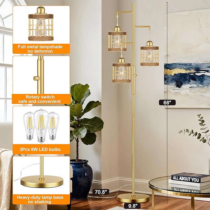 QiMH Industrial Floor Lamps for Living Room, Tree Standing Lamp with Stepless Dimmable, 68" Tall Lamps for Bedroom Study, 3 LED Bulbs Included, Gold