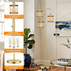QiMH Industrial Floor Lamps for Living Room, Tree Standing Lamp with Stepless Dimmable, 68" Tall Lamps for Bedroom Study, 3 LED Bulbs Included, Gold