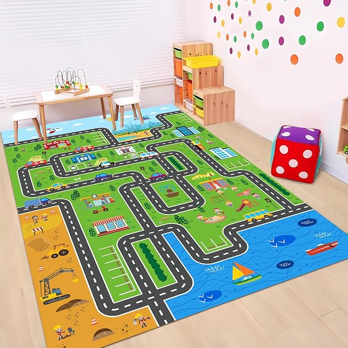 Kids Car Playmat, Kids Rug for Playroom Car Mat Town City Road Traffic Rugs, Play Mat for Floor, Extra Large Boys Kid Car Track Play Rug (Style ONE, 59X 39.4 INCH)