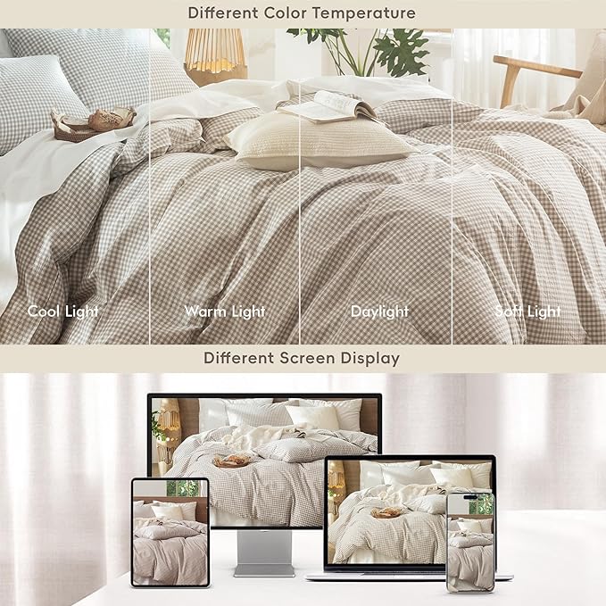 MooMee Gingham Duvet Cover Set 100% Washed Cotton Linen Like Textured Breathable Durable Soft Comfy Modern Checkered Design (Mini Gingham Tannish Linen Grey, King 104"x90")