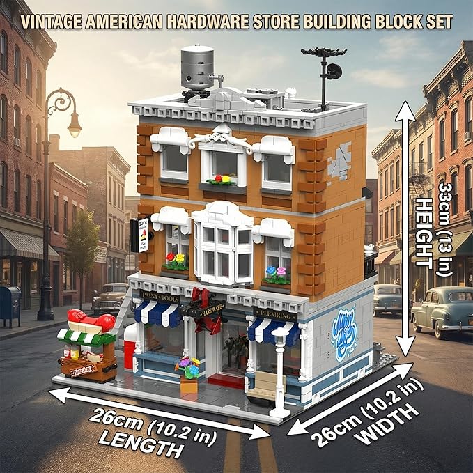 Vintage American Hardware Store Building Blocks, 3-Story Modular Street View with Hot Dog Cart & 7 Figures, 3642 Pieces Adult Building Kit, Collectible City Architecture Model