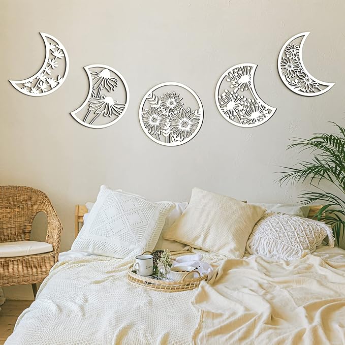 Jetec 5 Pcs Moon Phase Wall Art Decor Wall Pediments Hanging Wooden Phase Spiritual Bedroom Nordic Boho Lunar Aesthetic Art for Living Room Dorm Apartment Ornament(White,10.6 Inch,Flower)