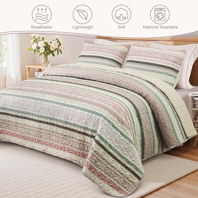 Exclusivo Mezcla Reversible Boho Quilts King Size, Pink Bedspreads Lightweight Coverlet All Season Bohemian Quilt Bedding Set with Printed Striped Floral Pattern (1 Quilt, 2 Pillow Shams)