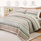 Exclusivo Mezcla Reversible Boho Quilts King Size, Pink Bedspreads Lightweight Coverlet All Season Bohemian Quilt Bedding Set with Printed Striped Floral Pattern (1 Quilt, 2 Pillow Shams)