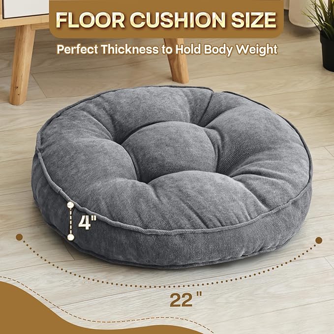 Floor Pillow Set of 2, Memory Foam Floor Cushions for Adults, Large Meditation Pillow for Sitting, 22 x 22 Inches (Round | Grey)
