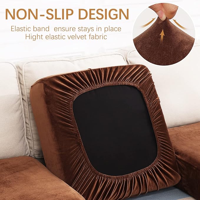 hyha Velvet Couch Cushion Covers, Soft Sofa Seat Covers for sectional 2 Cushion Couch Washable, Magic Sofa Slipcover with Elastic Bottom, Non-Slip Furniture Protector for Pets, Kid(Medium, Brown)