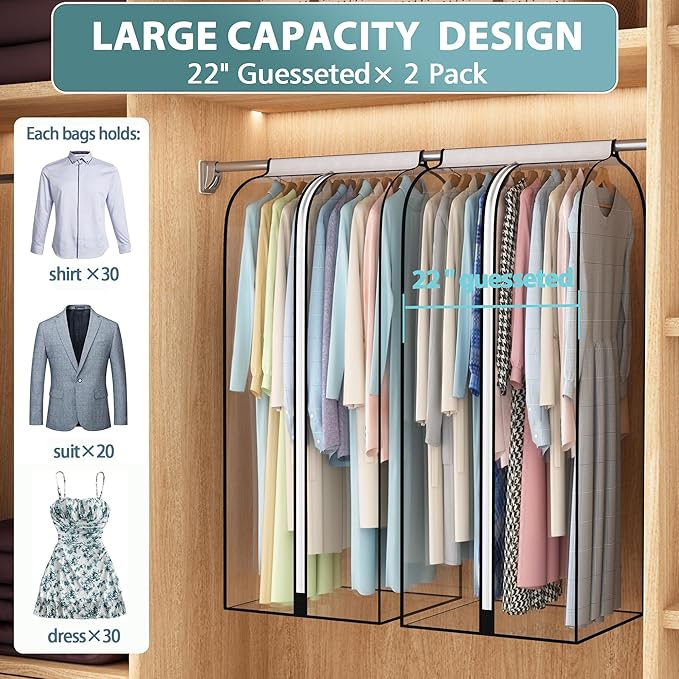 22” Gusseted Garment Bags for Hanging Clothes all Clear Clothes Cover for Closet Storage, Wardrobe Coat Protector for Suit, Shirt Long Dress, Bottom Enclosed, 2 Pack, 50” Long