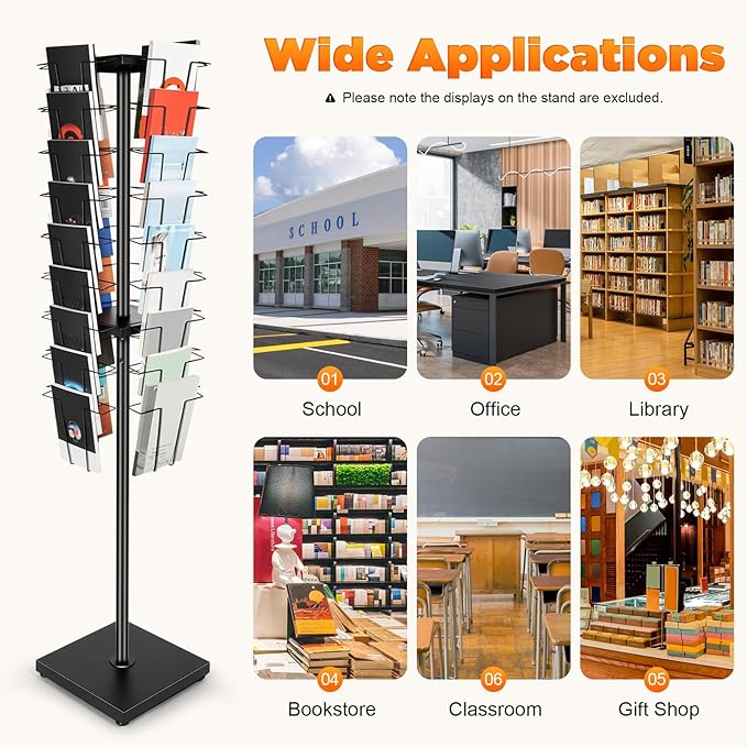 36 Pockets-360° Rotating Magazine Rack, Detachable Floor Standing Comic Books Brochure Display Stands, Pamphlet Literature Spinner Racks for Retail Store, Bookstore, Home