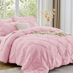 Sasttie King Size Comforter Set, 7-Piece Bed in a Bag, Pintuck Bedding Sets for All Season, Includes Comforter, Flat Sheet, Fitted Sheet, Pillowcases and Pillowshams, Baby Pink