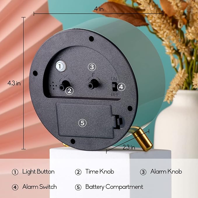 4 inches Super Silent Alarm Clock, Cream Green Beep Wake Round Alarm Clock with Night Light,Battery Operated,Easy Set Entry Lux Stylefor Desk, Bedroom and Home Decoration