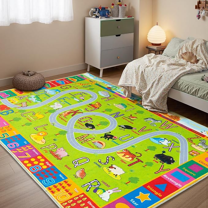 Kids Rugs Playmat for Bedroom & Kids Room, Educational ABC Zoo Road Rug for Classroom, Non-Slip Washable Playroom Carpet for Boys Girls, 4x6 Ft Green