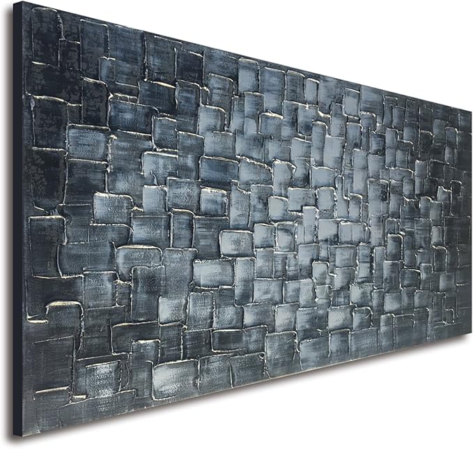 MyArton Textured Abstract Squares Canvas Wall Art Hand Painted Modern Silver Oil Painting Picture for Home Decoration Ready to Hang 40x20inch