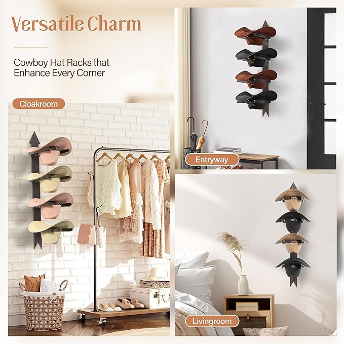 Cowboy Hat Rack for Wall, Cowboy Hat Holder Wall Mount Holds up to 4 Hats, Wooden Western Rustic Metal Hat Hanger with Arrow Sign Board, Hat Organizer for Cowboyhat, Fedora,Sun Hats (Black)
