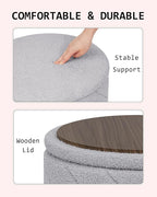 Round Boucle Storage Ottoman with Reversible Wood Tray, 17.7" Sherpa Cylinder Footrest Stool with Storage, Upholstered Folding Ottoman Coffee Table for Living Room Bedroom Dorm, Grey