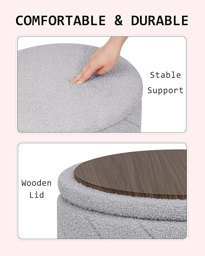 Round Boucle Storage Ottoman with Reversible Wood Tray, 17.7" Sherpa Cylinder Footrest Stool with Storage, Upholstered Folding Ottoman Coffee Table for Living Room Bedroom Dorm, Grey