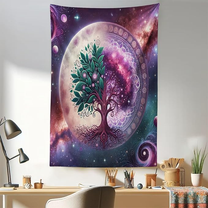 Ambesonne Purple Tapestry, Galaxy Tree of Life Design Space and Earthy Side Branches Universe Art, Fabric Wall Hanging Decor for Bedroom Living Room Dorm, 30" X 45", Teal Plum and Lavender
